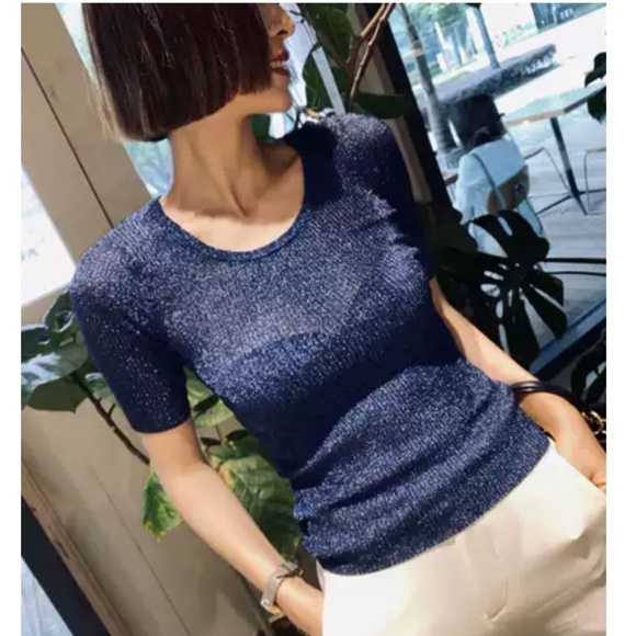 VERONICA BEARD Ume Blue Metallic Shimmer Short Sleeve Knit Top EUC/sz L - Picture 1 of 11